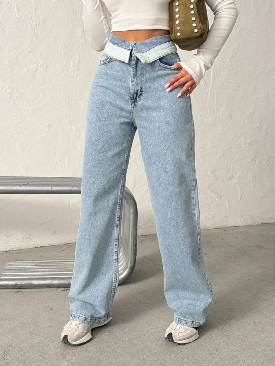 REVERSE LEG FRAGRANT EMBROIDERED WIDE LEG JEANS - Light Wash - View 1
