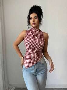 Camiseta de tirantes ajustada con dobladillo asimétrico y lunares rojos para mujer - Rojo 2 - Ver 4