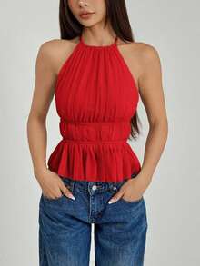 Top sin espalda con cuello de halter con pliegues y cintura con lazo para mujer - Burdeos - Ver 6