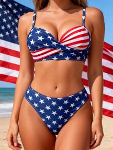 Women's American Flag Print Push-Up Bikini Set, 4th Of July Independence Day Halter Two-Piece Swimsuit For Beach Pool Party - Navy Blue - View 4