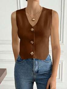 Chaleco elegante de mujer de unicolor con cuello en V sin mangas, decorado con botones metálicos, para verano, playa, vacaciones, estilo boho, tropical, casual, de oficina, de salida elegante, para la escuela y vacaciones, color albaricoque - Marrón - Ver 5