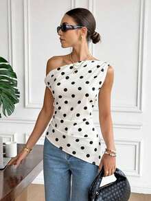 Camiseta de mujer casual con estampado de lunares asimétrica en los hombros, para verano - Multicolor - Ver 5