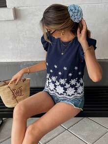 Blusa de verano casual de vacaciones con bordado floral y volantes en las mangas - Azul marino - Ver 5