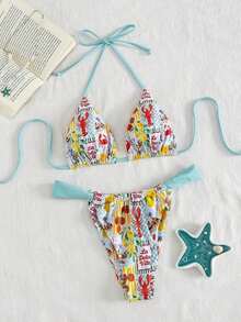Swim Mod Conjunto de bikini de dos piezas con estampado de frutas y verduras en todo el diseño, con escote halter y lazos, para vacaciones de verano - Multicolor - Ver 4