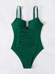 Swim Chiccia Nuevo traje de baño de una pieza elegante de unicolor, exquisito, para mujeres, para playa, natación y spa, temporada primavera/verano 2026 - Verde Oscuro - Ver 6