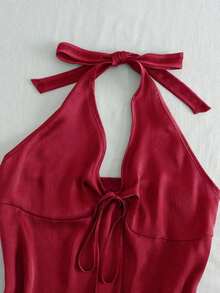 Nuevo top de verano de mujer con cuello halter, cintura fruncida y lazo, sexy y casual para vacaciones - Burdeos - Ver 3
