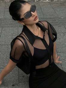 Blusa transparente de malla y gasa de manga corta minimalista para mujer, de estilo casual de negocios - Negro 4 - Ver 4