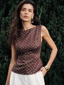 Camisa sin mangas con lazo en la espalda de unicolor, elegante, casual, sexy y minimalista para uso en la oficina y negocios para mujeres, primavera/verano - Marrón Chocolate - Ver 5