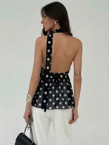 Top con cuello halter y espalda descubierta, asimétrico y sexy para mujer - Blanco y Negro - Ver 2