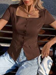 Camisa de unicolor sin mangas con cuello, top de estilo vintage retro para oficina - Café integral - Ver 4