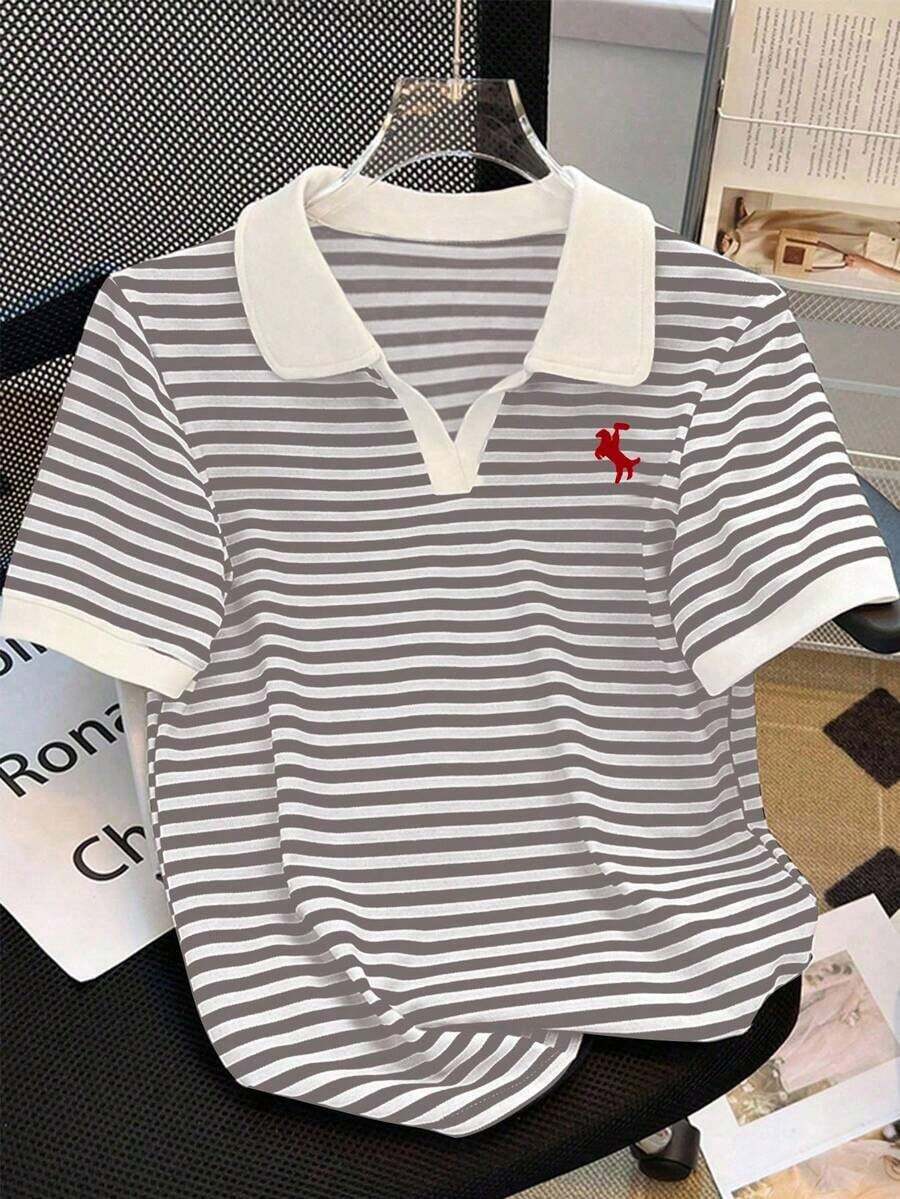 Camiseta de manga corta con cuello de polo a rayas casual de verano para mujer - Multicolor - Ver 1