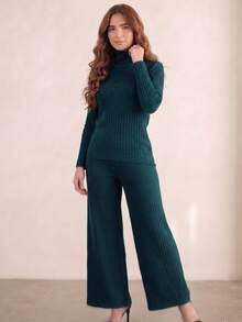 Women's Ribbed Knit Set: Wide Leg Pants And Long Sleeve Knit Top - Comfortable And Elegant For Autumn/Winter - 混釀葡萄酒 - 查看 5