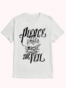 Free Shippingmother GiftsNew Pierce Veil T-Shirt Aesthetic ,Casual Print,Comfortable And Versatile,Letter Pattern Pure Cotton 220g Printed T-Shirtgoing Out Outfitsvintage, Top For Woman, Local Warehouse Items Women's Clothes - 白色 - 查看 1