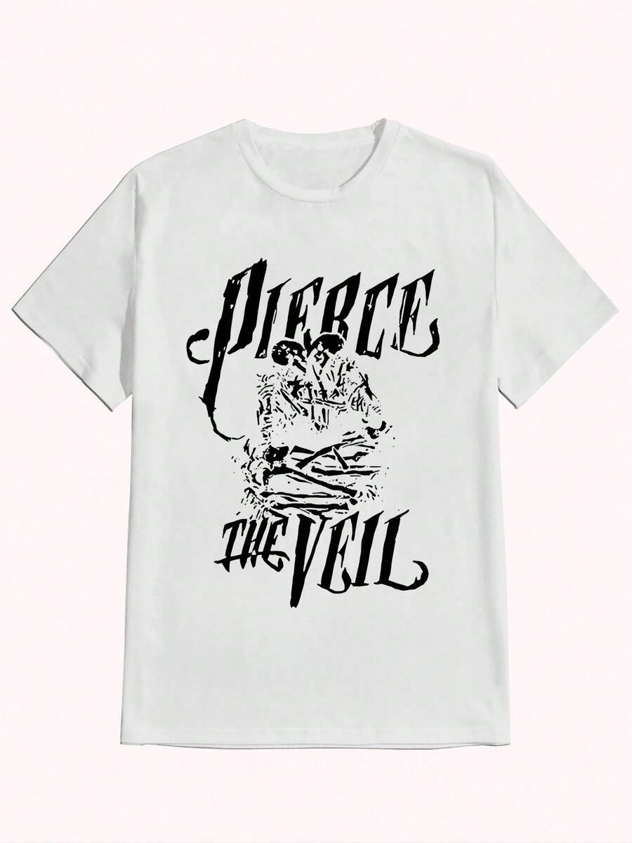 Free Shippingmother GiftsNew Pierce Veil T-Shirt Aesthetic ,Casual Print,Comfortable And Versatile,Letter Pattern Pure Cotton 220g Printed T-Shirtgoing Out Outfitsvintage, Top For Woman, Local Warehouse Items Women's Clothes - 白色 - 查看 1