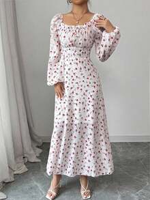 Vestido largo con cuello cuadrado, mangas farol y estampado floral para mujer - Albaricoque - Ver 5