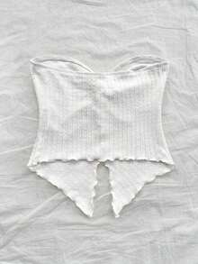 Top tubo de punto de textura amarillo ganso para mujer con abertura anudada en el medio delantero y borde ondulado, ajuste ceñido, para uso en fiestas, vacaciones y otoño/invierno - Blanco - Ver 8