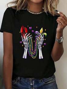 Camiseta gótica de mujer con estampado de mano de calavera - Top casual negro de manga corta con cuentas moradas y verdes, adecuada para uso diario y fiestas de Halloween - Cuello redondo de fácil cuidado, estilo festivo, camiseta de Halloween. - Negro - Ver 1