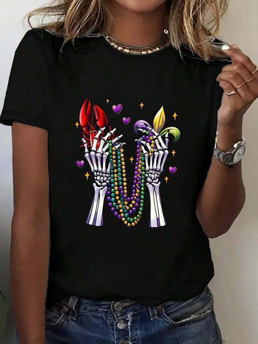 Camiseta gótica de mujer con estampado de mano de calavera - Top casual negro de manga corta con cuentas moradas y verdes, adecuada para uso diario y fiestas de Halloween - Cuello redondo de fácil cuidado, estilo festivo, camiseta de Halloween. - Negro - Ver 1