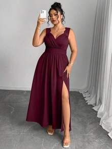 Elenzya Vestido línea A con cuello en V, contraste de encaje, tirantes finos y abertura para tallas grandes - Burdeos - Ver 8