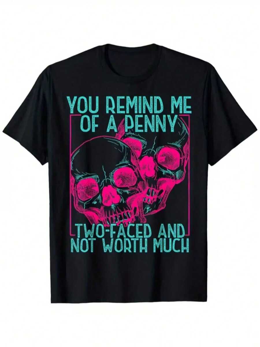 Camiseta de manga corta con cuello redondo y estampado por transferencia térmica que muestra el mensaje "Me recuerdas a una moneda de doble cara, muy valiosa" y un diseño de calavera.Es un regalo para hombres, mujeres, familiares y amigos. - Negro - Ver 1