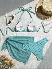 Swim Mod Conjunto de bikini de 3 piezas con estampado de lunares, escote halter y espalda con lazo, para vacaciones en la playa, atuendo de primavera, carnaval 2026, elegante, casual, traje de baño con falda - Azul - Ver 2
