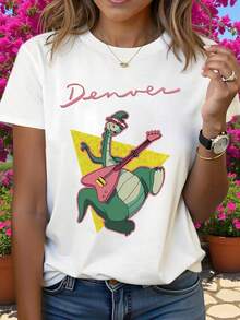 Playera con Estampado de Dinosaurio con Guitarra y Gafas de Sol, Camiseta Blanca de Mujer con Diseño Divertido y Estampado Gráfico Colorido, Top Casual con Toque Rockero - Blanco - Ver 2