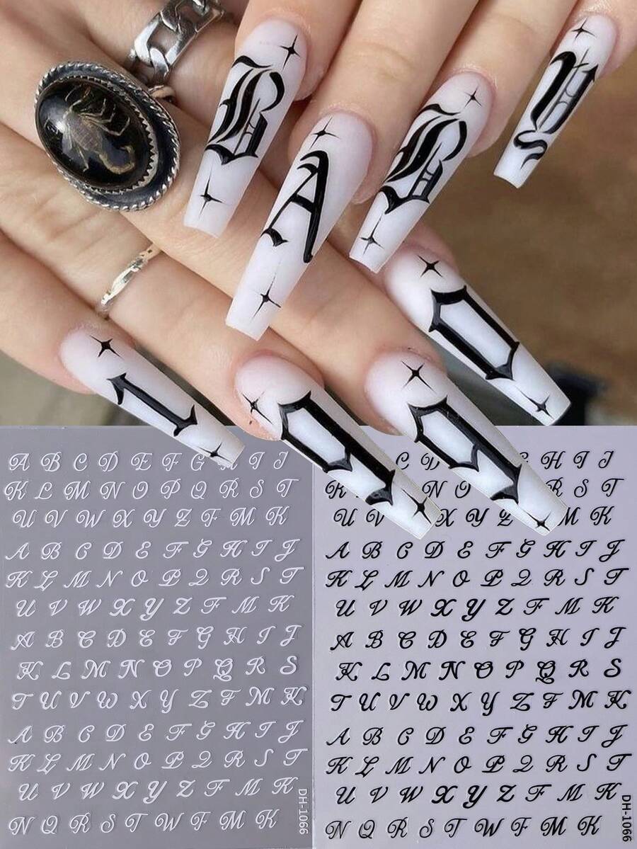 2 片哥特风格大写字母美甲贴纸 Y2K 黑白罗马字母自粘贴纸,时尚英文艺术字体 DIY 美甲装饰 - 黑與白 - 查看 1