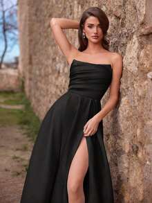 Vestido de noche elegante de mujer con fruncidos y abertura alta - Vestido formal de primavera/verano, adecuado para bodas, galas, alfombras rojas, fiestas, invitados de boda, fiesta de vacaciones de verano - Negro - Ver 5