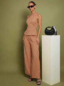 Set de 2 piezas de Top con hombros y pantalones a lunares para mujer, uso casual minimalista de todos los días - Amarillo - Ver 3
