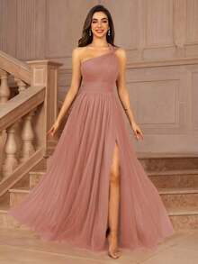 Vestido formal largo para dama de honor, invitada de boda, evento, verano, San Valentín, cumpleaños, con cuello cruzado asimétrico de un hombro, espalda descubierta, falda de tul en línea A, vestidos de mujer para otoño, regreso a clases, fiesta de bienvenida, cumpleaños, primavera elegante - Rosa coral - Ver 7