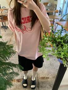韩版ins风粉色字母印花短袖T恤女款，宽松圆领美式复古上衣，柔美少女日系夏季显瘦百搭休闲慵懒风上衣 - 粉色 - 查看 2