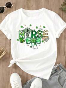Women's St. Patrick's Day Short Sleeve T-Shirt With Nurse, Shamrock And Sedic Symbols Design For St. Patrick's Day Celebration - Urban Vintage Style, Unisex, Loose Fit, Cotton, Crew Neck And Short Sleeve. - 白色 - 查看 2