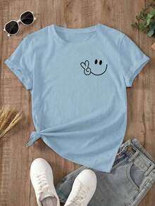 Women's Oversized Red Summer T-Shirt With  Face And Peace Sign Print. Casual Red Short-Sleeved T-Shirt With  Face, Ideal For Cool Summer Looks. - YH463-藍色 - 查看 2