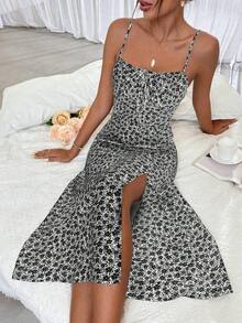 Vestido largo con estampado floral diminuto y abertura lateral para mujer - Blanco y Negro - Ver 5