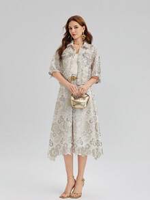 Rich Radi Q's Women's Fashion A-Line Skirt, Elegant Mid-Length Design, Woven Fabric With Contrasting Lace Belt, Suitable For Summer Wear - White - View 4