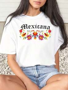 Camiseta de Mujer con Bordado Floral de Arte Folclórico Mexicano, Estampado Mexicano, para Uso Casual y Celebraciones del Cinco de Mayo, Adecuada para Deportes, Uso Diario y Fiestas - Blanco - Ver 7