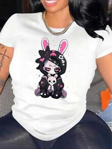 Camisetas de manga corta de talla grande para mujer, ideales para el verano, tops básicos para el día a día, con estampado creativo de conejo, cuello redondo, manga corta, estilo casual y deportivo, camiseta cómoda para el verano, adecuada para vacaciones, transpirable y cómoda. - Blanco - Ver 8
