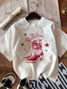 short-sleeveBotas vaqueras rosas de moda para mujer Camiseta oversize estampada Cuello Redondo Algodón 100% Tejido Suave Manga Corta Transpirable y Fresca100% Cotton - Blanco - Ver 1