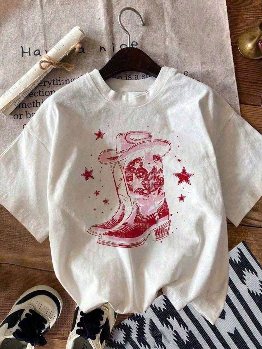 short-sleeveBotas vaqueras rosas de moda para mujer Camiseta oversize estampada Cuello Redondo Algodón 100% Tejido Suave Manga Corta Transpirable y Fresca100% Cotton - Blanco - Ver 1