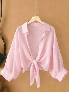 Nueva blusa de gasa de unicolor con chal corto casual de estilo de alas de murciélago para mujeres - Rosa - Ver 1