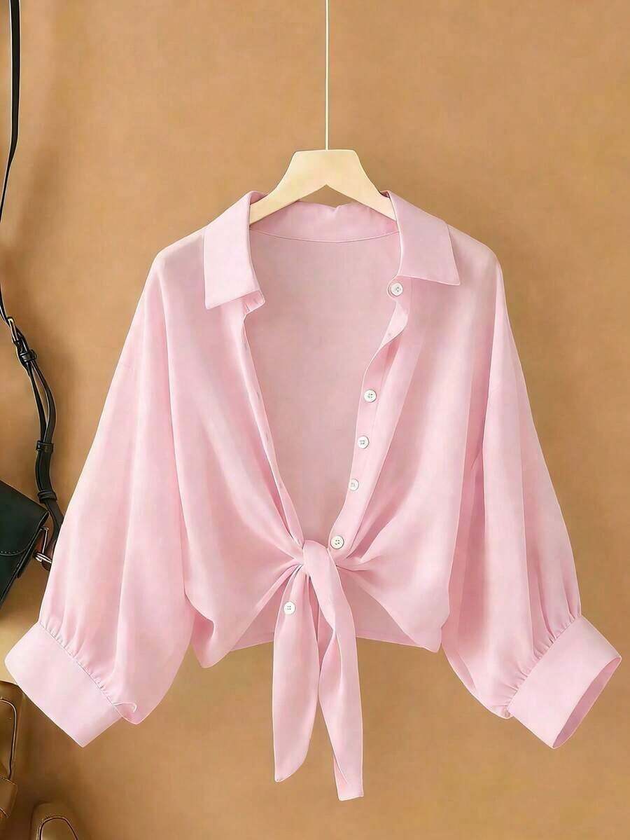 Nueva blusa de gasa de unicolor con chal corto casual de estilo de alas de murciélago para mujeres - Rosa - Ver 1