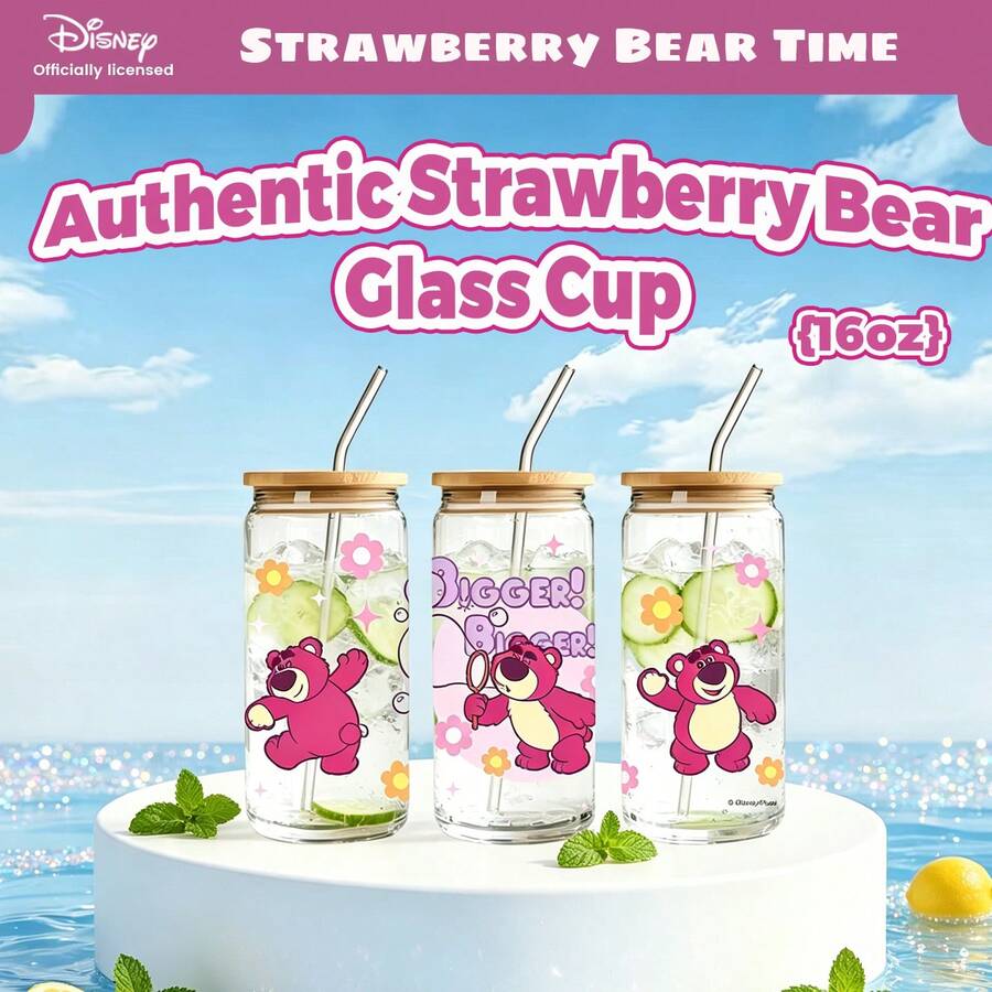 [Sản phẩm được cấp phép chính thức] Ly thủy tinh hình gấu dâu tây Disney 16oz kèm nắp tre và ống hút | Ly nước hình gấu dâu tây dễ thương chủ đề Toy Story - Quà tặng - trong suốt - Xem 1