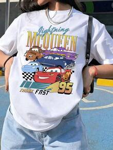 Unisex Disney Cars Full Cast Tee, Retro Racing Print, Casual Fit, Nostalgic For All. - 白色 - 查看 2