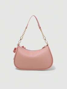 Bolso de hombro en forma de media luna 2025, nuevo diseño de moda clásico y versátil con decoración de patrón de letras, unicolor, material PU impermeable, bolso de mano y bandolera, adecuad - Camel - Ver 11