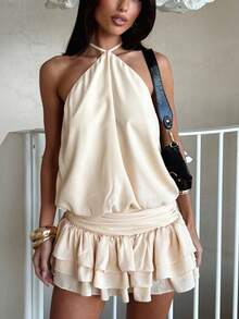Vestido corto de verano de gasa con espalda descubierta para mujer, drapeado, para fiestas y vacaciones - Blanco - Ver 5