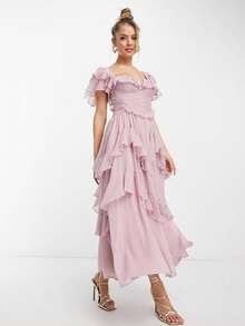 Vestido largo elegante con volantes espalda descubierta y corte calado para vacaciones - Rosa vieja - Ver 5
