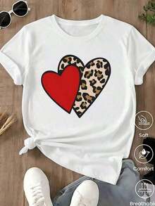 Playera Blanca de Mujer con Gráfico de Corazón de Leopardo y Letras LOVE, Camiseta de Estilo Boho Retro Aesthetic Manga Corta, Top Romántico Moderno, Blusa Casual de Moda EGNC - Rojo - Ver 11