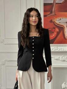 Blazer negro estilo tweed 2026, cuello cuadrado, corte ajustado de alto diseño - Negro - Ver 1