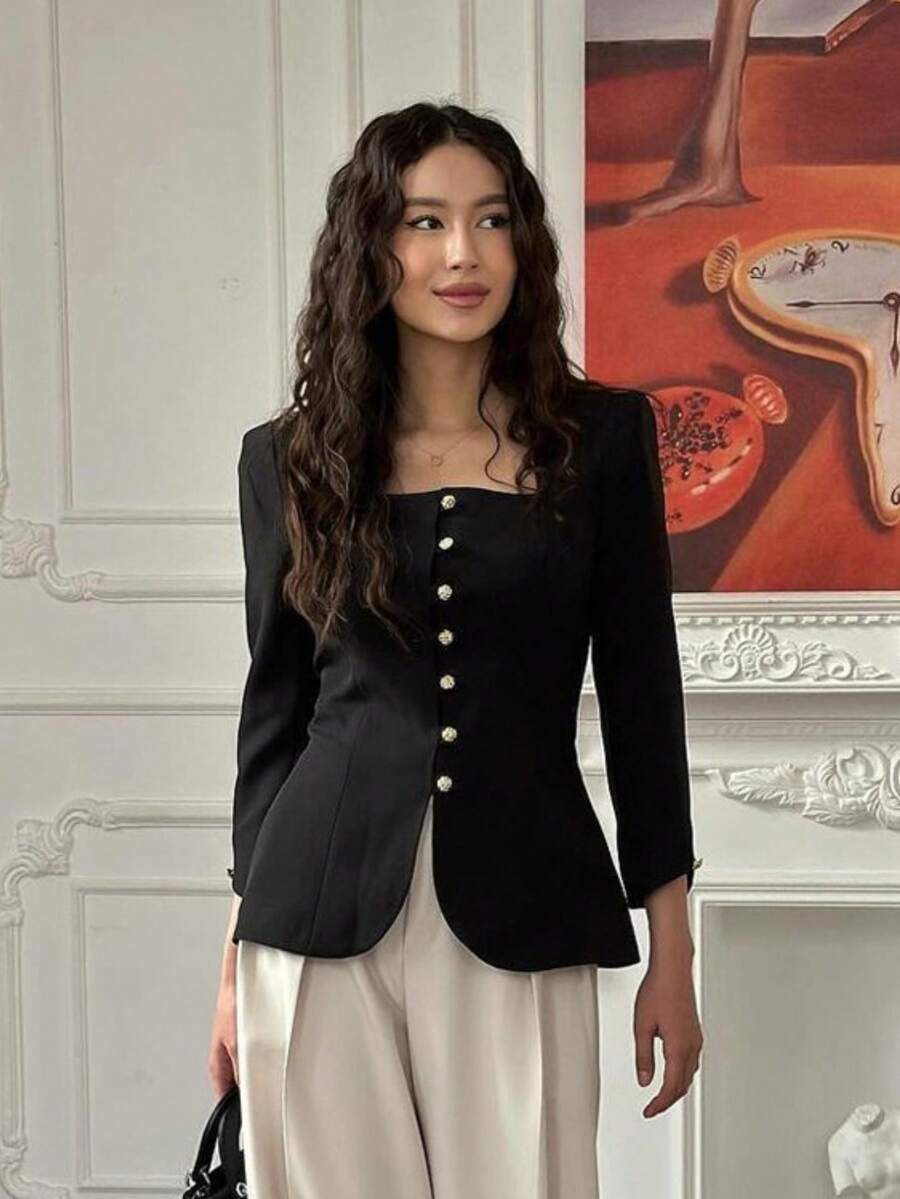 Blazer negro estilo tweed 2026, cuello cuadrado, corte ajustado de alto diseño - Negro - Ver 1