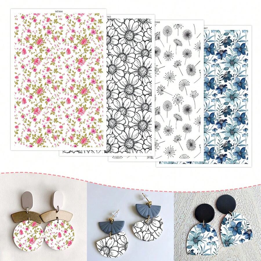 Rose/Daisy/Dandelion/Blue Flower Pattern Transfer Paper, Fresh Floral Series Polymer Clay Printing Paper, Size 5.82*3.93 Inches, Suitable For DIY Jewelry Earring Making Special Polymer Clay Transfer - A - View 1